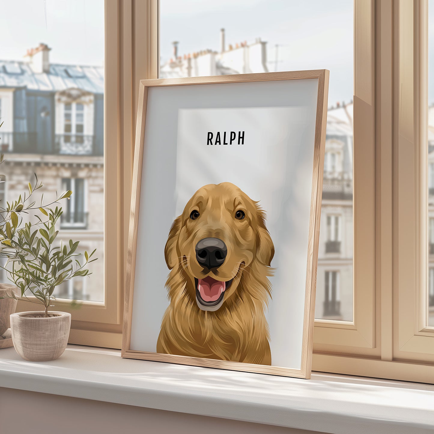 Personalised dog portrait – hand-drawn from customer photo. In Oak Frame
