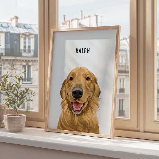 Personalised dog portrait – hand-drawn from customer photo. In Oak Frame