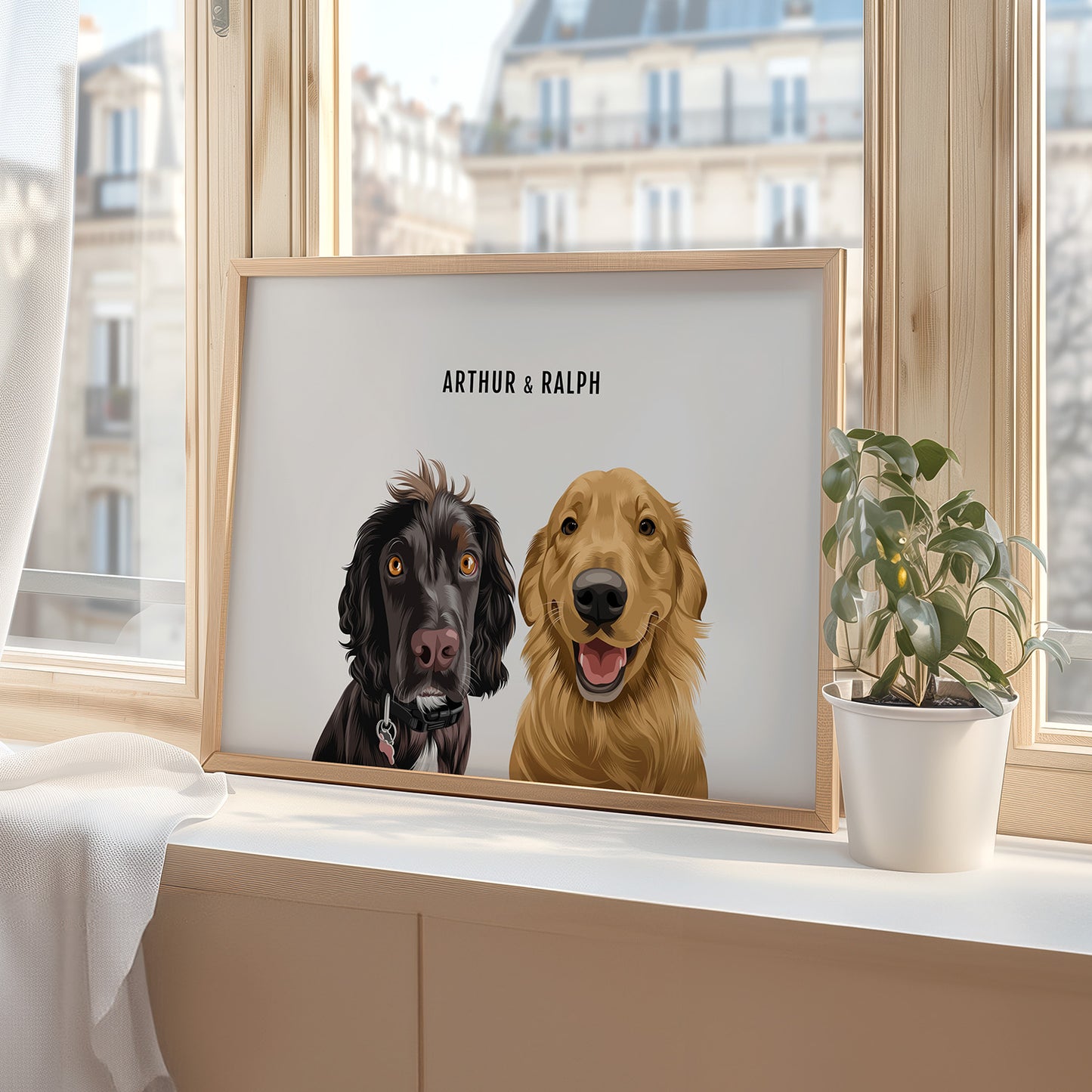 Personalised 2 dog portrait – hand-drawn from customer photo. Two pets In Oak Frame