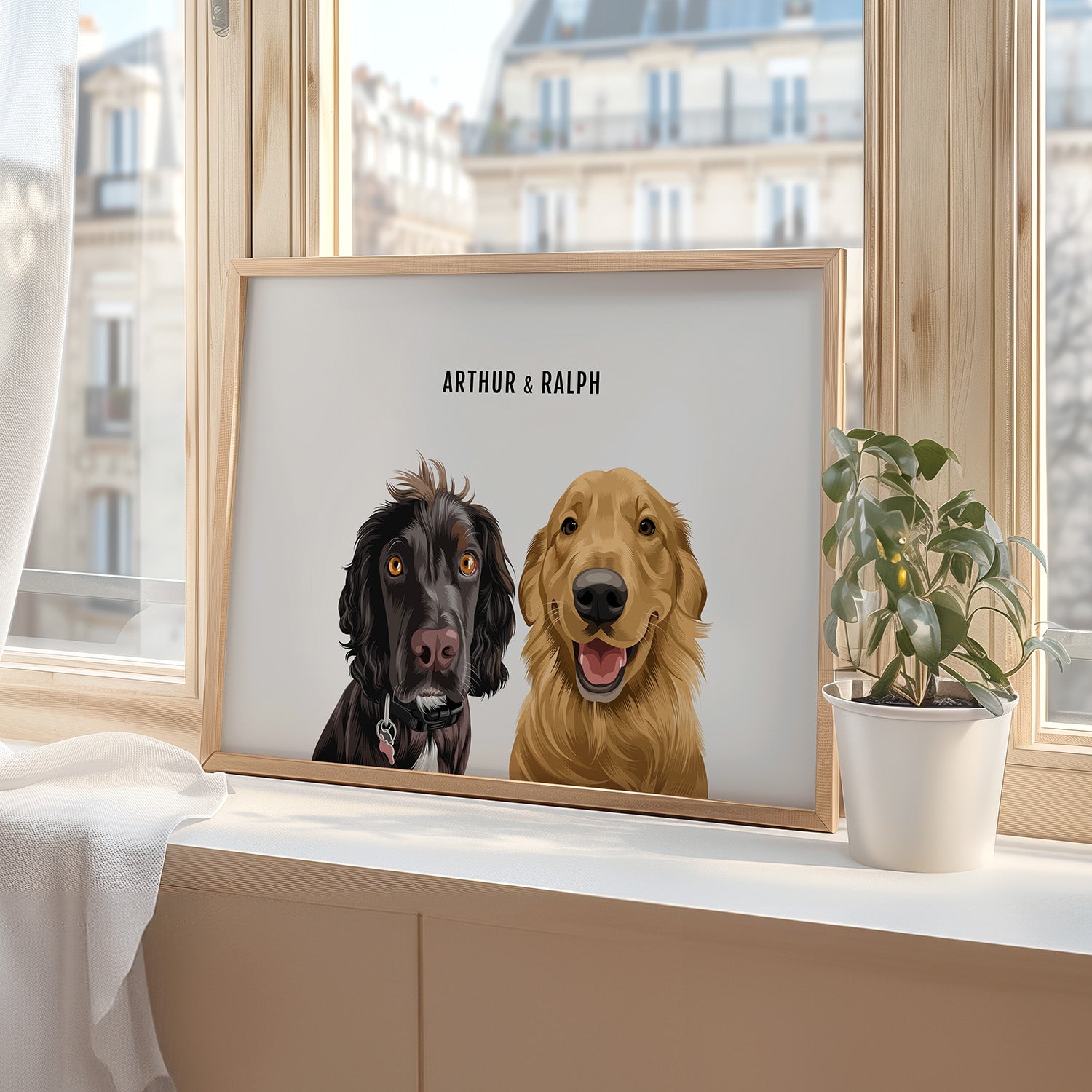 Personalised 2 dog portrait – hand-drawn from customer photo. Two pets In Oak Frame