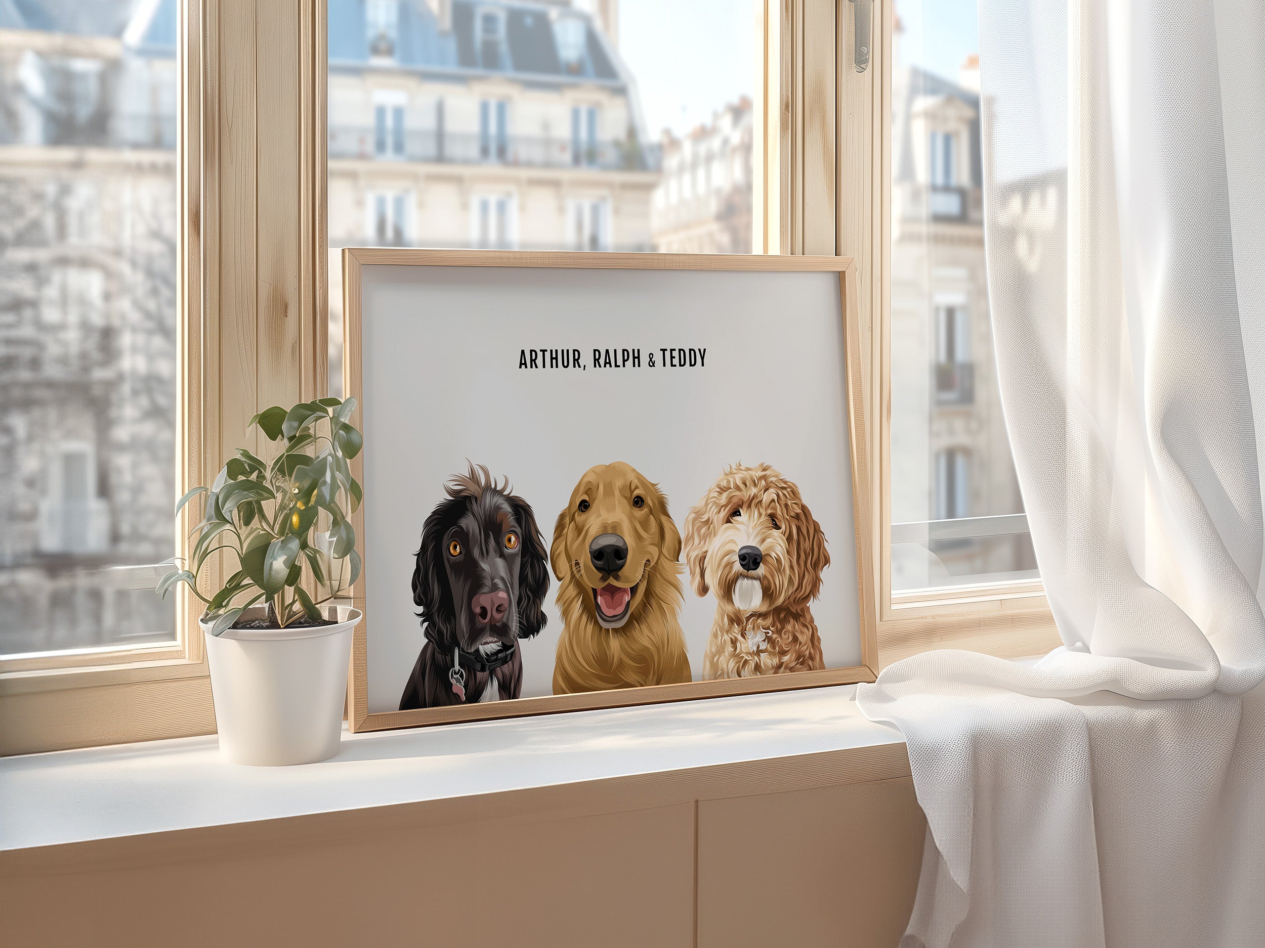 custom pet portrait from photo – three dogs drawing illustration