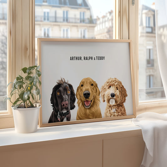 Personalised 3 dog portrait – hand-drawn from customer photo. Three pets In Oak Frame