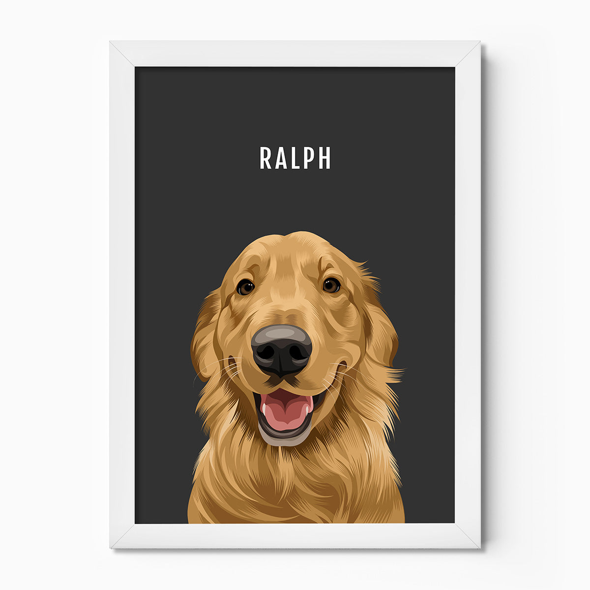 Custom Pet dog portrait – hand-drawn from customer photo. Black Background, White Frame