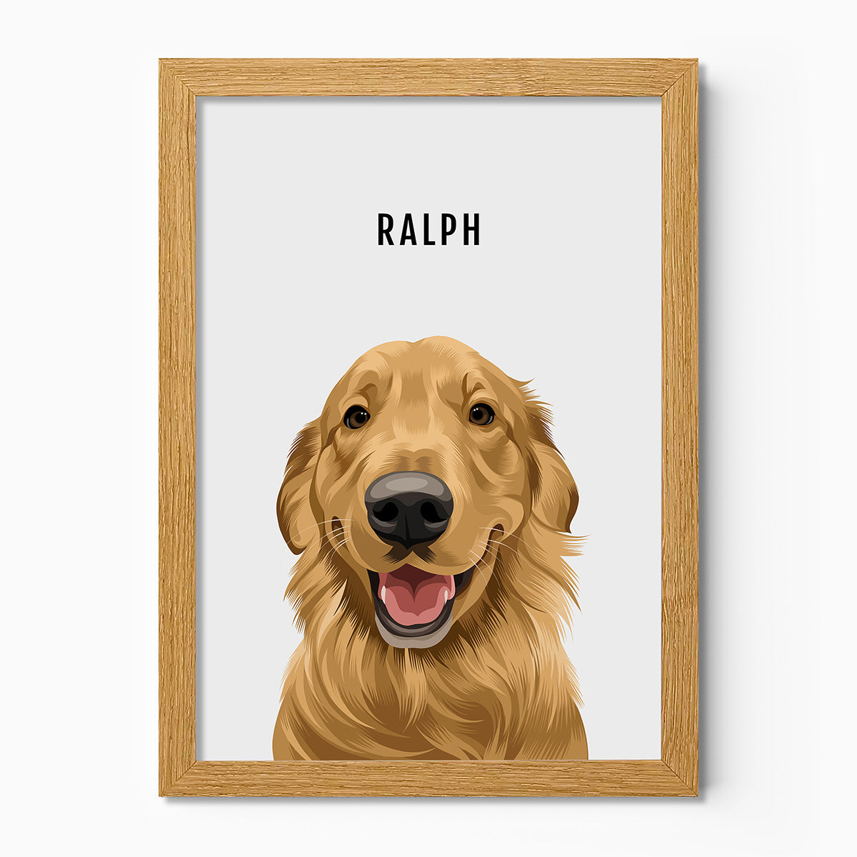 Custom Pet dog portrait – hand-drawn from customer photo. White Background, Oak Frame