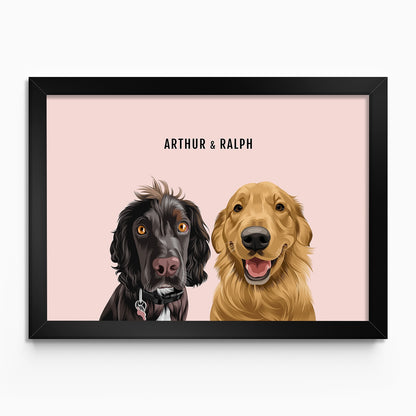 Personalised 2 dog portrait – hand-drawn from customer photo. Two pets In Black Frame