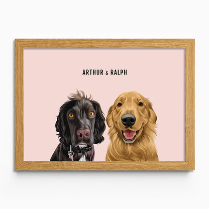 Personalised 2 dog portrait – hand-drawn from customer photo. Two pets in Oak Frame