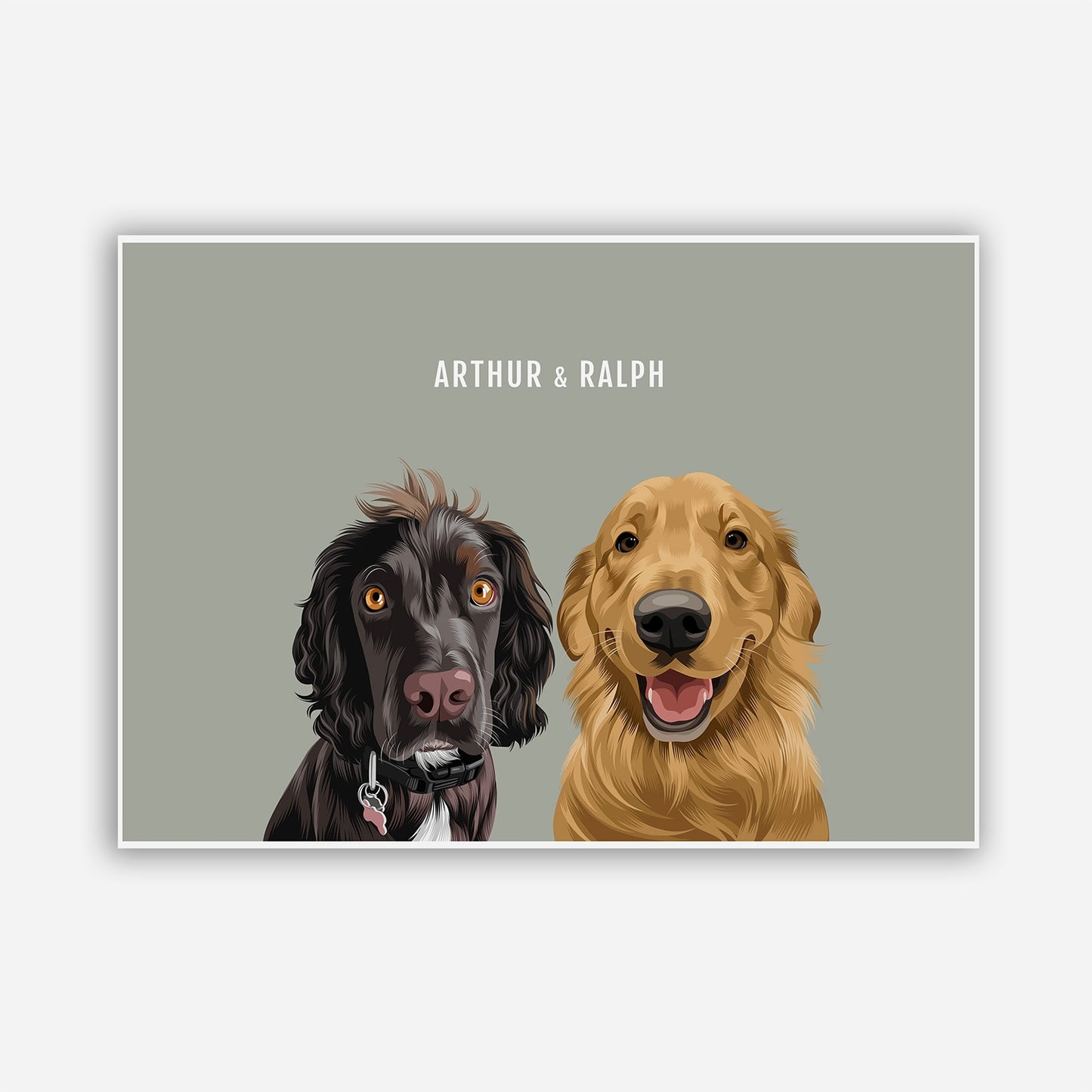 Personalised 2 dog portrait – hand-drawn from customer photo. Framed