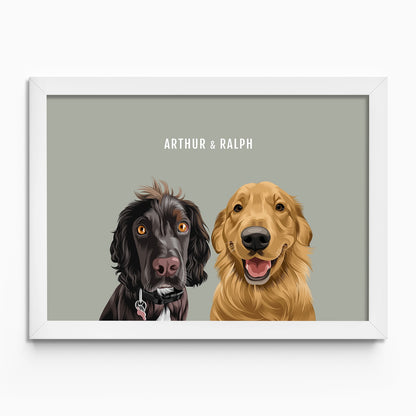 Personalised 2 dog portrait – hand-drawn from customer photo. Two pets in white Frame