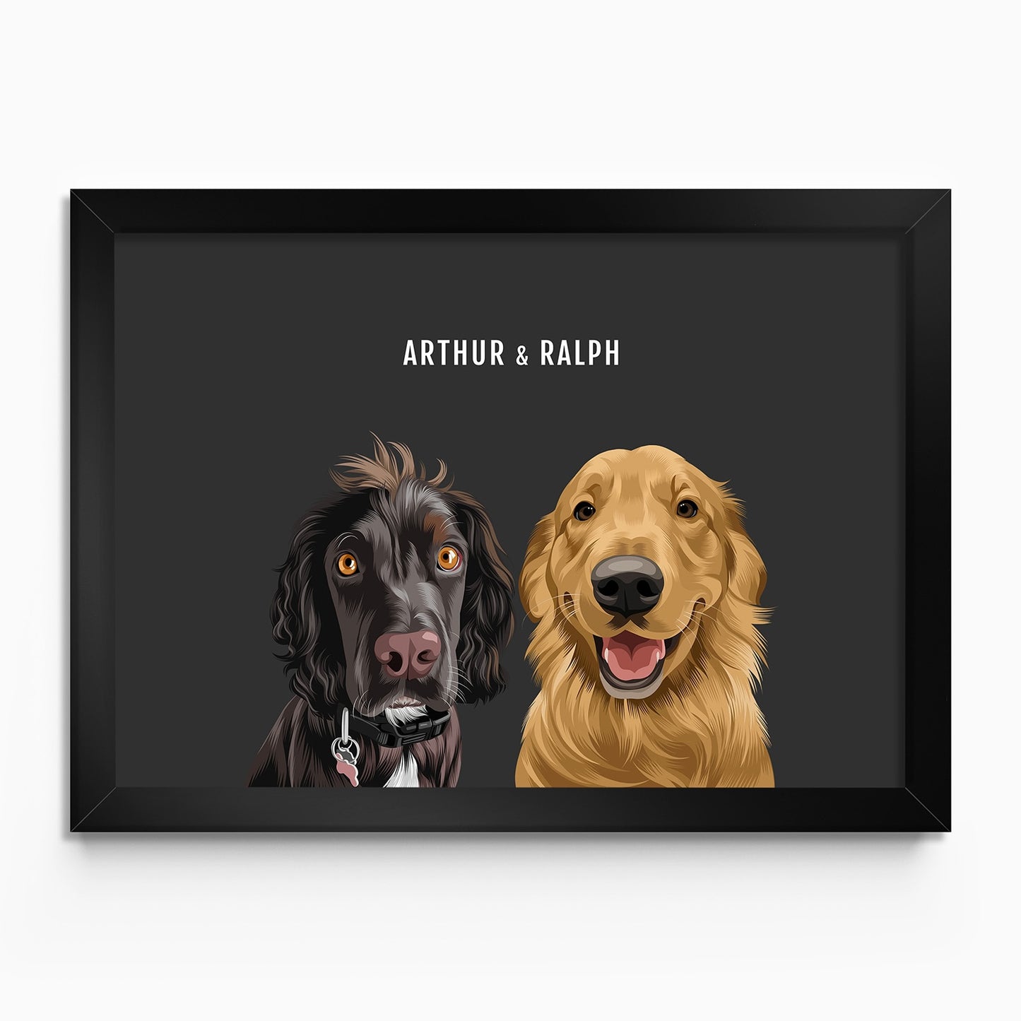 Personalised 2 dog portrait – hand-drawn from customer photo. Two dogs black poster framed