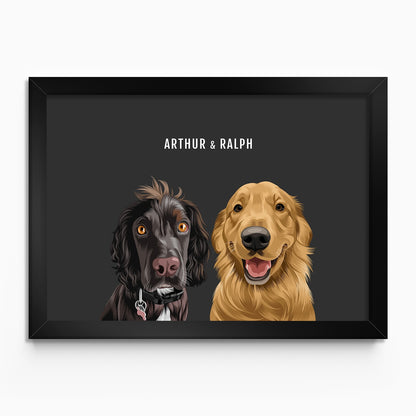 Personalised 2 dog portrait – hand-drawn from customer photo. Two dogs black poster framed