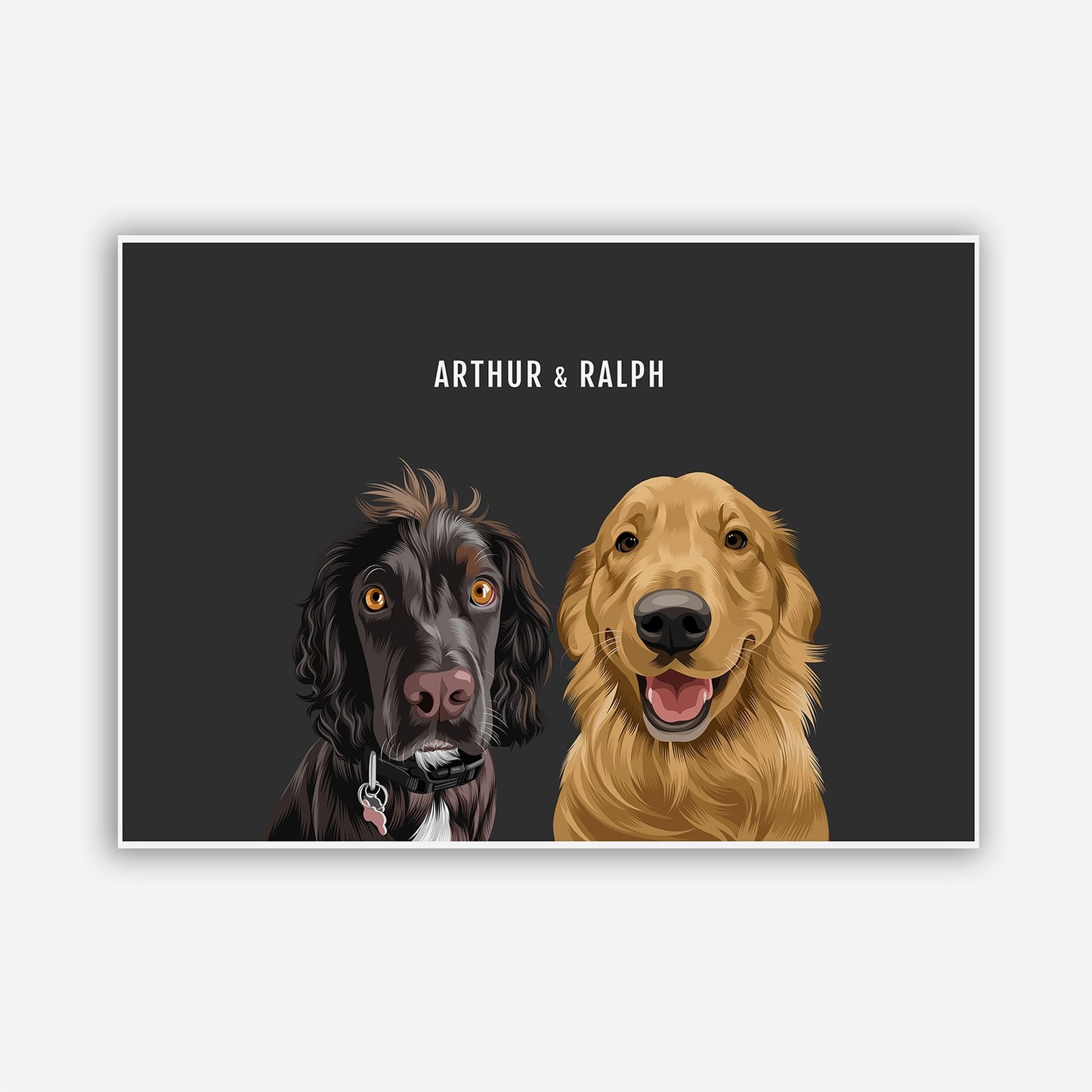 Personalised 2 dog portrait – hand-drawn from customer photo. Framed