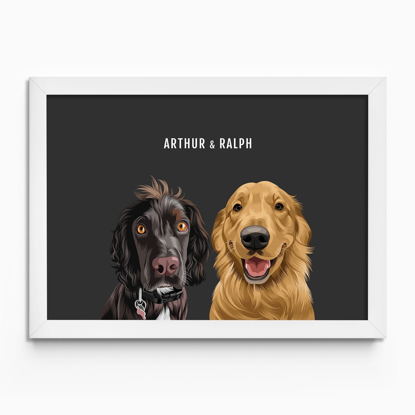 Personalised 2 dog portrait – hand-drawn from customer photo. Two dogs Framed