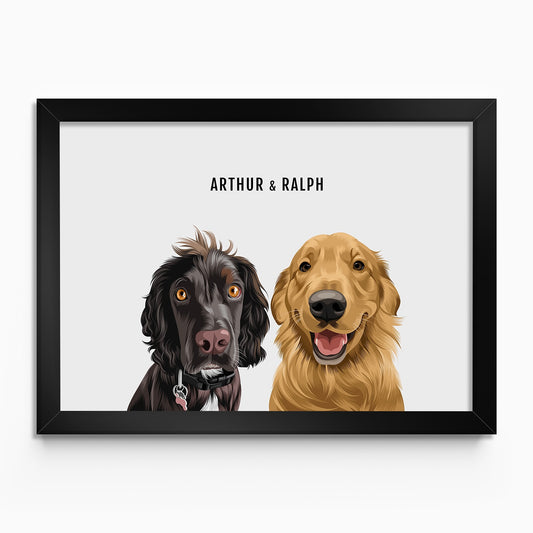 Custom two dog portrait – hand-drawn from customer photo. Framed