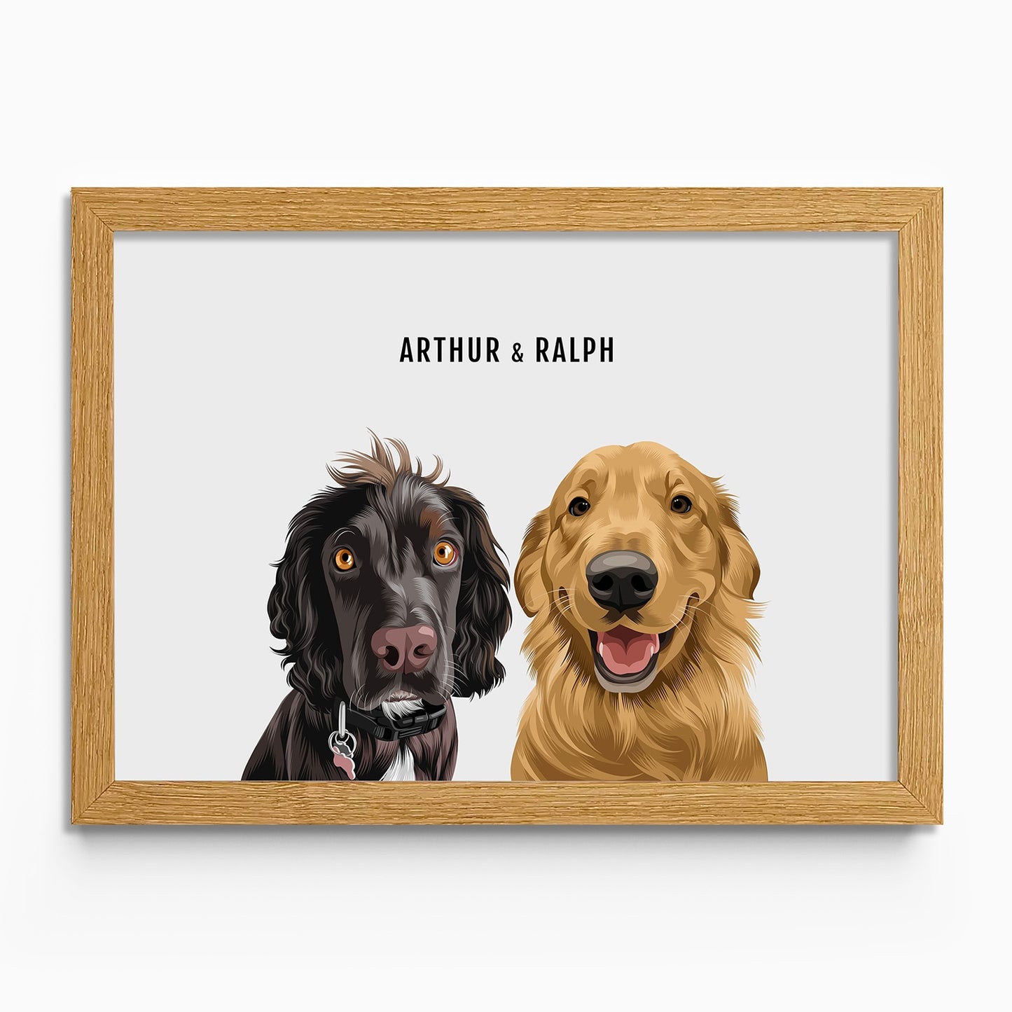 Personalised 2 dog portrait – hand-drawn from customer photo. Two pets In Oak Frame