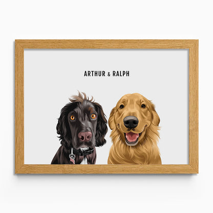 Personalised 2 dog portrait – hand-drawn from customer photo. Two pets In Oak Frame