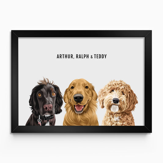 Custom 3 dog portrait – hand-drawn from customer photo. Illustrated and Framed