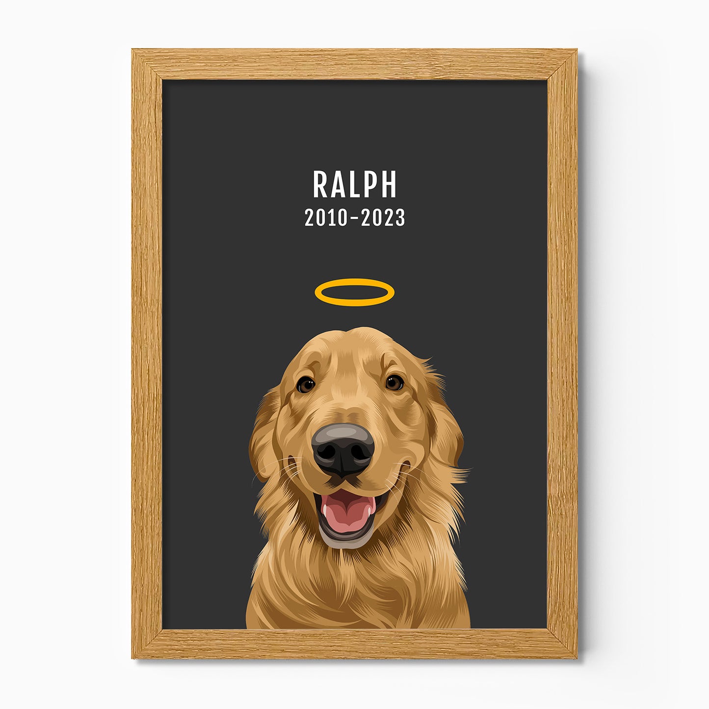 Personalised memorial dog portrait – hand-drawn from customer photo. Oak frame