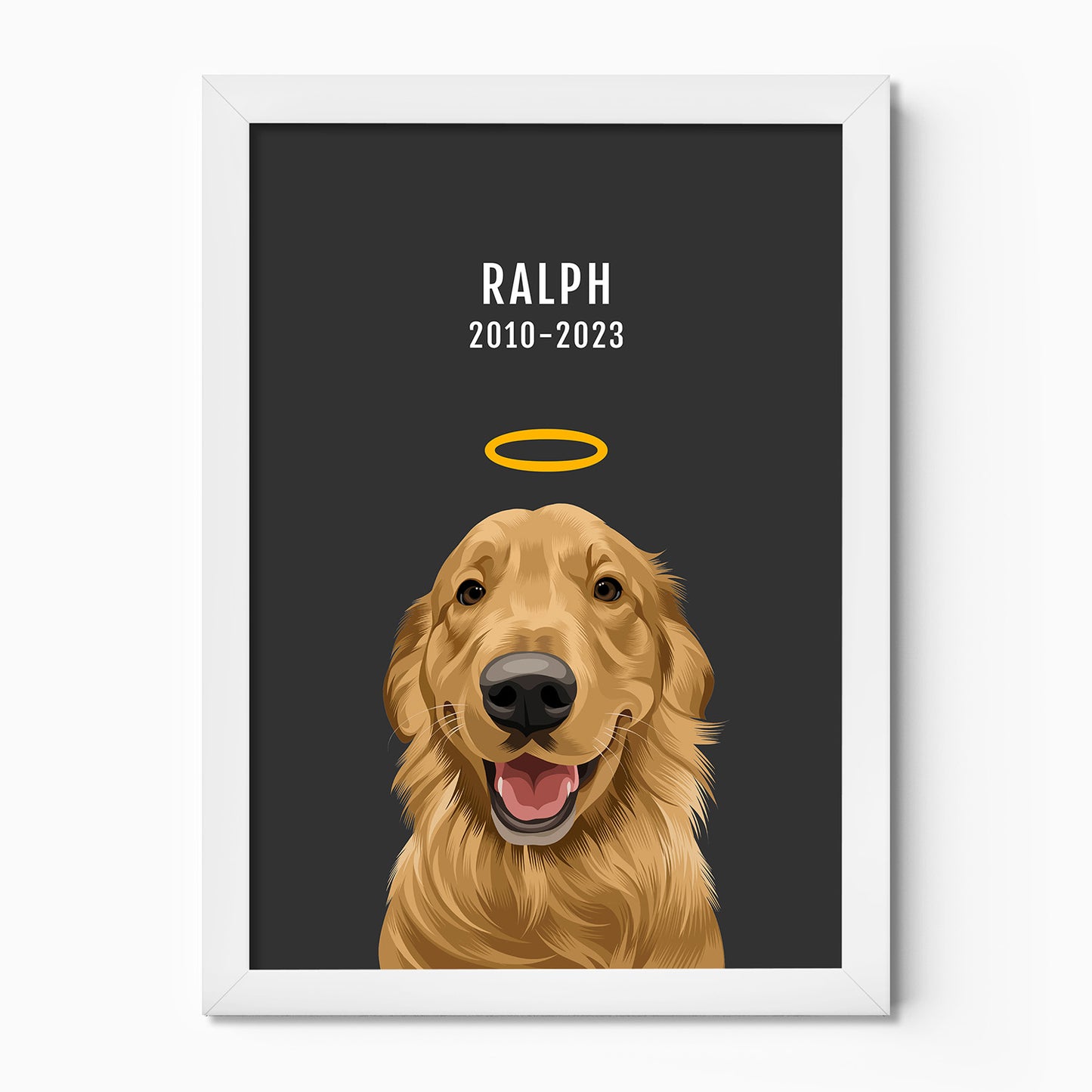 Personalised memorial dog portrait – hand-drawn from customer photo. White frame