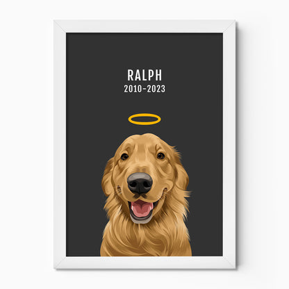 Personalised memorial dog portrait – hand-drawn from customer photo. White frame