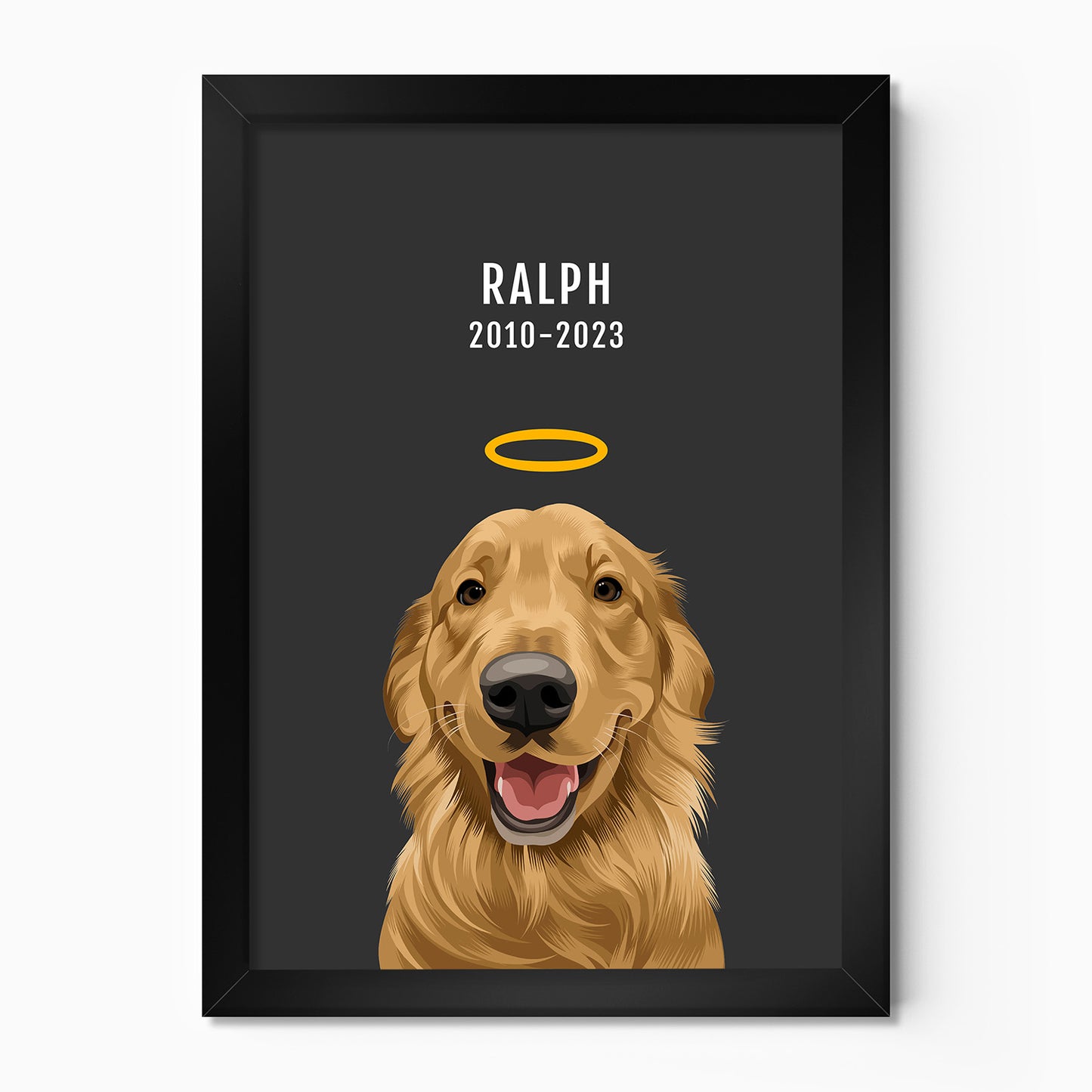 Personalised memorial dog portrait – hand-drawn from customer photo. Framed black poster