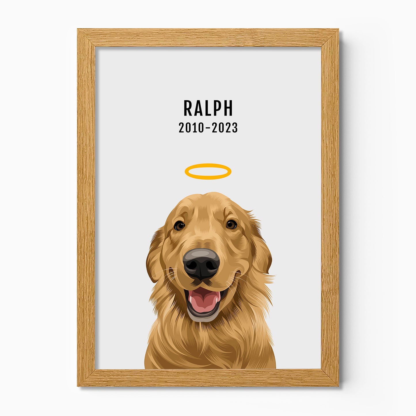 Personalised memorial dog portrait – hand-drawn from customer photo. Oak frame