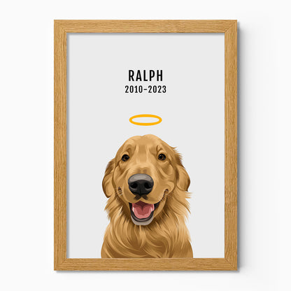 Personalised memorial dog portrait – hand-drawn from customer photo. Oak frame