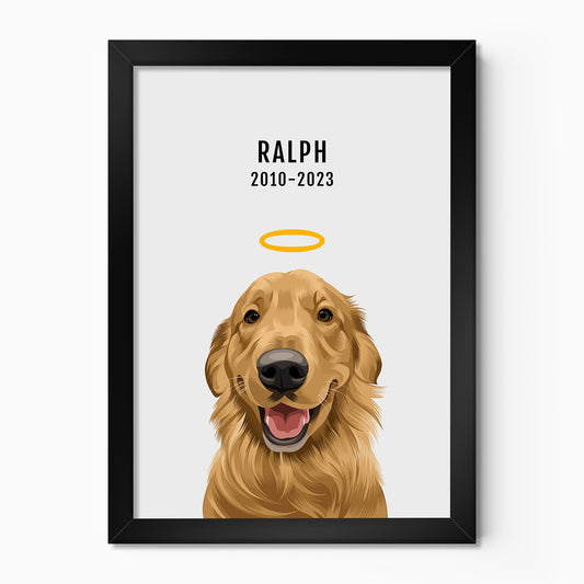 Personalised memorial dog portrait – hand-drawn from customer photo. Framed